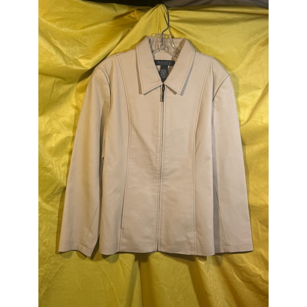Dialogue Nappa Leather Jacket Cream Beige Full Zip Collared Womens Large A09203